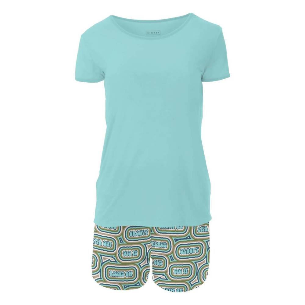NEW KICKEE women's short sleeve pajama set with shorts in summer sky groovy